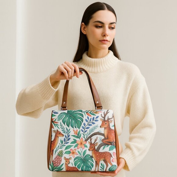 Printed Leather Shoulder Tote Bag for Women – Top Handle Handbag Purse Work - Picture 2 of 9